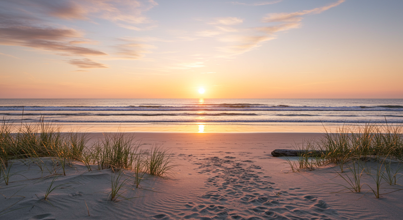 Serene beach sunset representing freedom and transformation - The Free Spirit Coach background